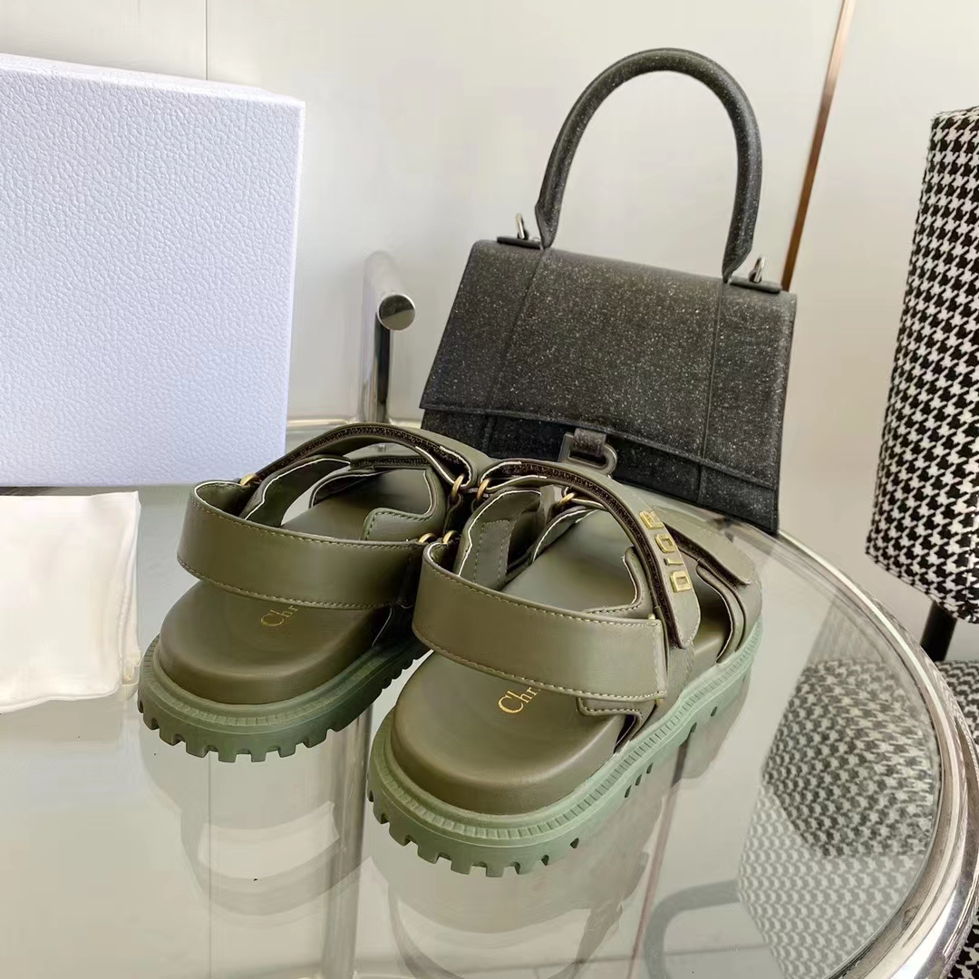 Dior Unisex Shoes DiorAct Sandal Khaki Lambskin Gold-Finish Metal DIOR Signature