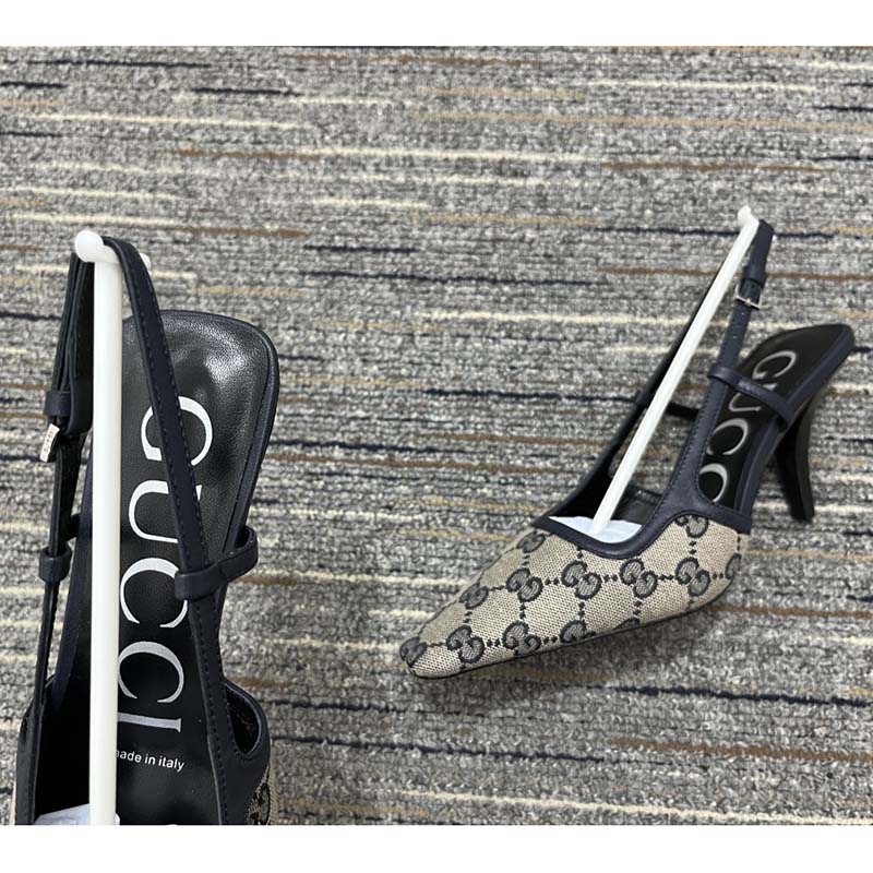 Gucci Women Slingback Pump Beige Blue GG Supreme Canvas Low 3 cm Heel