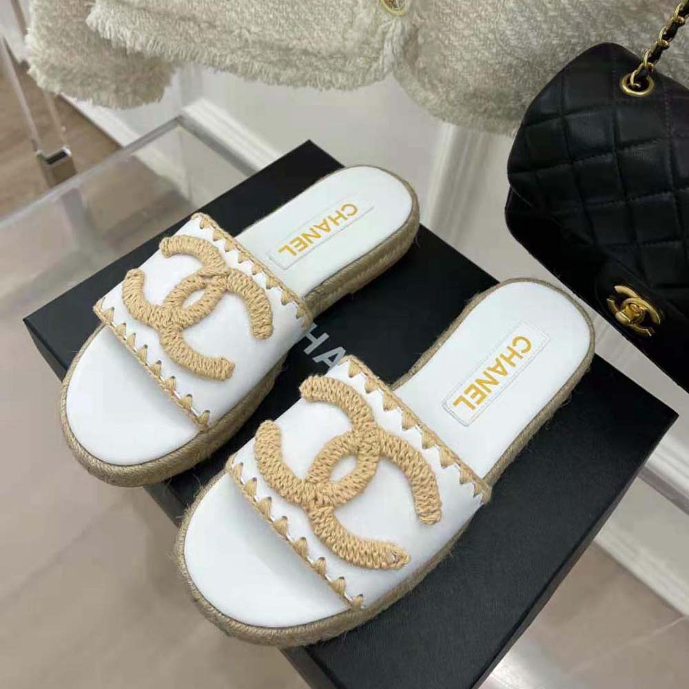 Chanel Women Mules Lambskin Beige & White