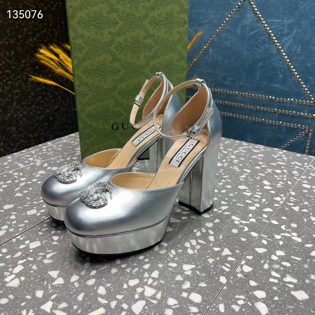 Gucci Women GG Platform Pump Double G Metallic Silver Patent Leather Crystals High Heel
