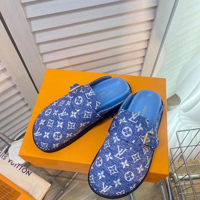 Louis Vuitton Women LV Cosy Flat Comfort Clog Blue Monogram Denim Adjustable Strap