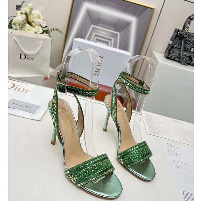 Dior Women CD Dway Heeled Sandal Green Cotton Embroidered Metallic Thread Strass