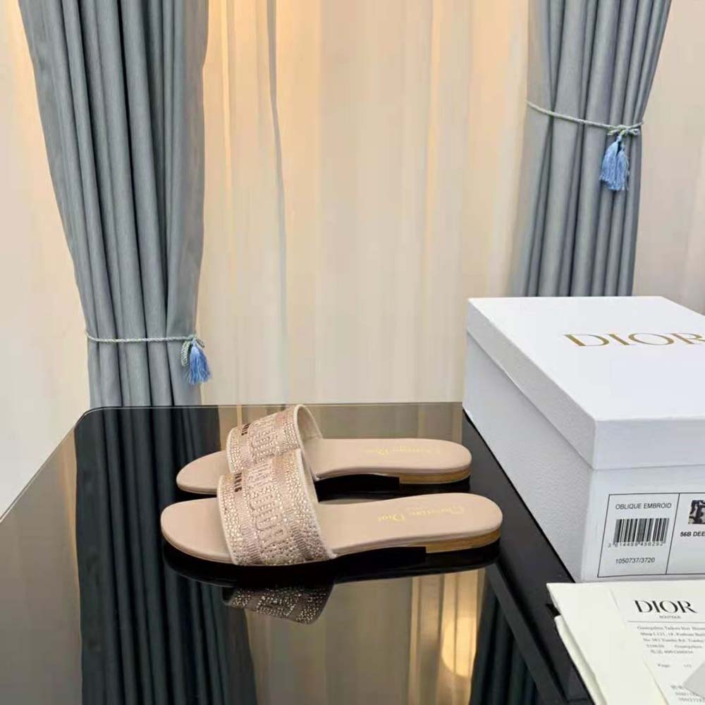 Dior Women Dway Slide Rose Des Vents Cotton Embroidered with Metallic Thread and Strass