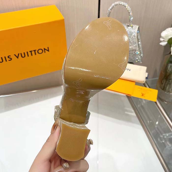 Louis Vuitton Women LV Fame Platform Sandal Beige Monogram Denim Leather 11.5 CM Heel