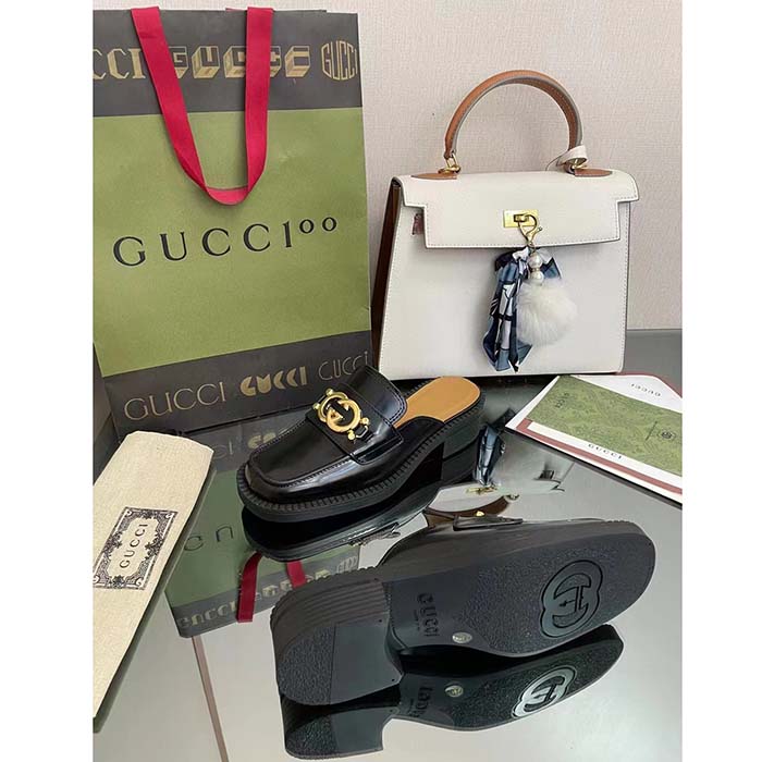 Gucci Unisex GG Slipper Interlocking G Black Leather Low 2.5 Cm Heel