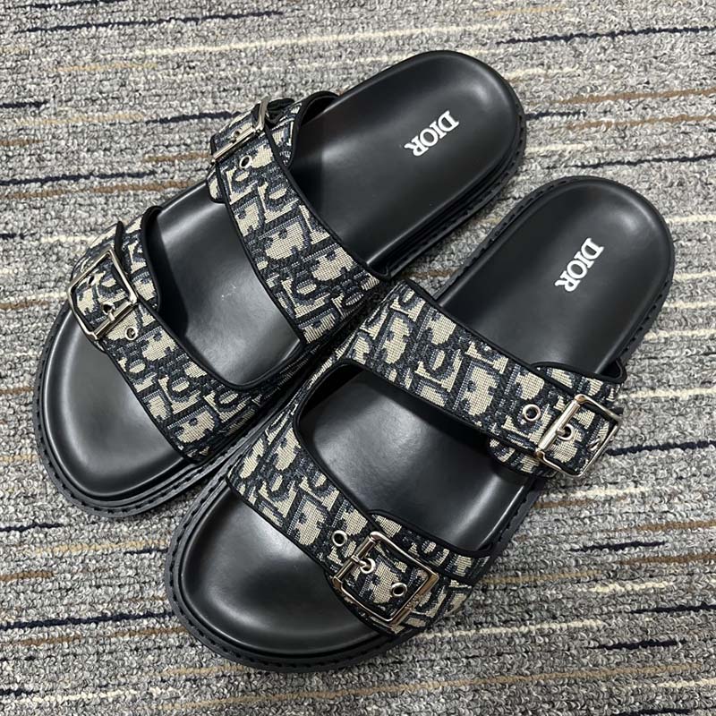 Dior Unisex CD Shoes Aqua Sandal Beige Black Dior Oblique Jacquard Black Calfskin