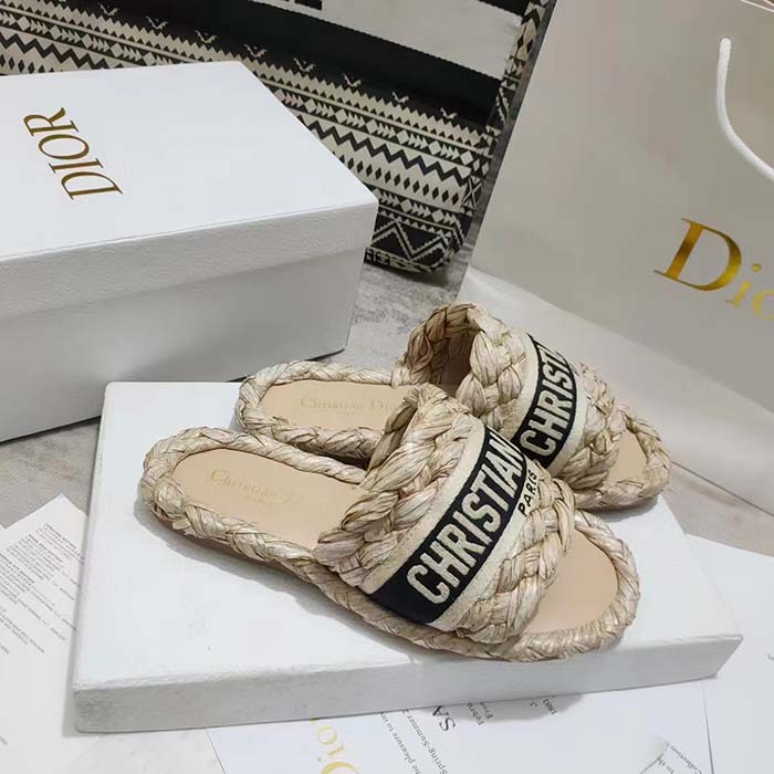 Dior Unisex CD Dway Slide Jute-Colored Embroidered Raffia Cotton