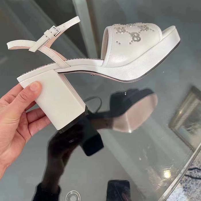 Gucci Women GG Interlocking G Studs Sandal White Leather Mid 8 Cm Heel