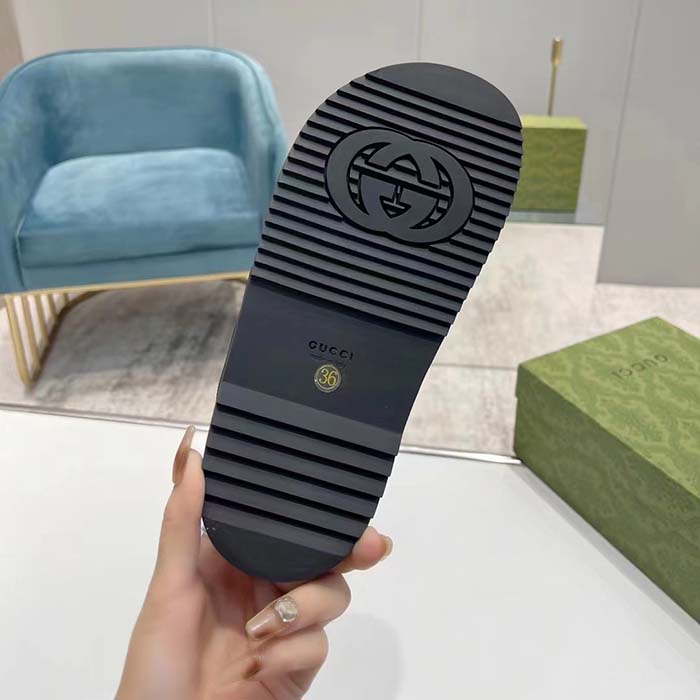 Gucci Unisex GG Sandal Black White Leather Script Rubber Buckle Flat