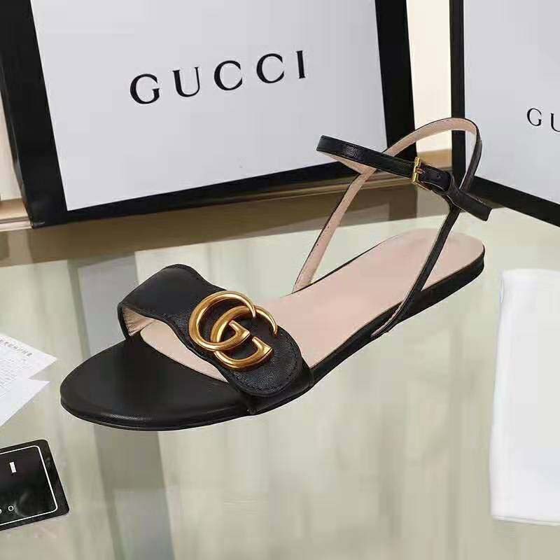 Gucci Women Leather Sandal with Double G-Black