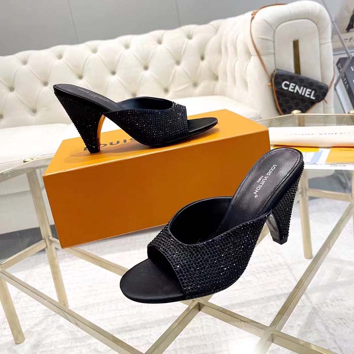 Louis Vuitton LV Women Super Mule Black Strass Leather Outsole 10 CM Heel