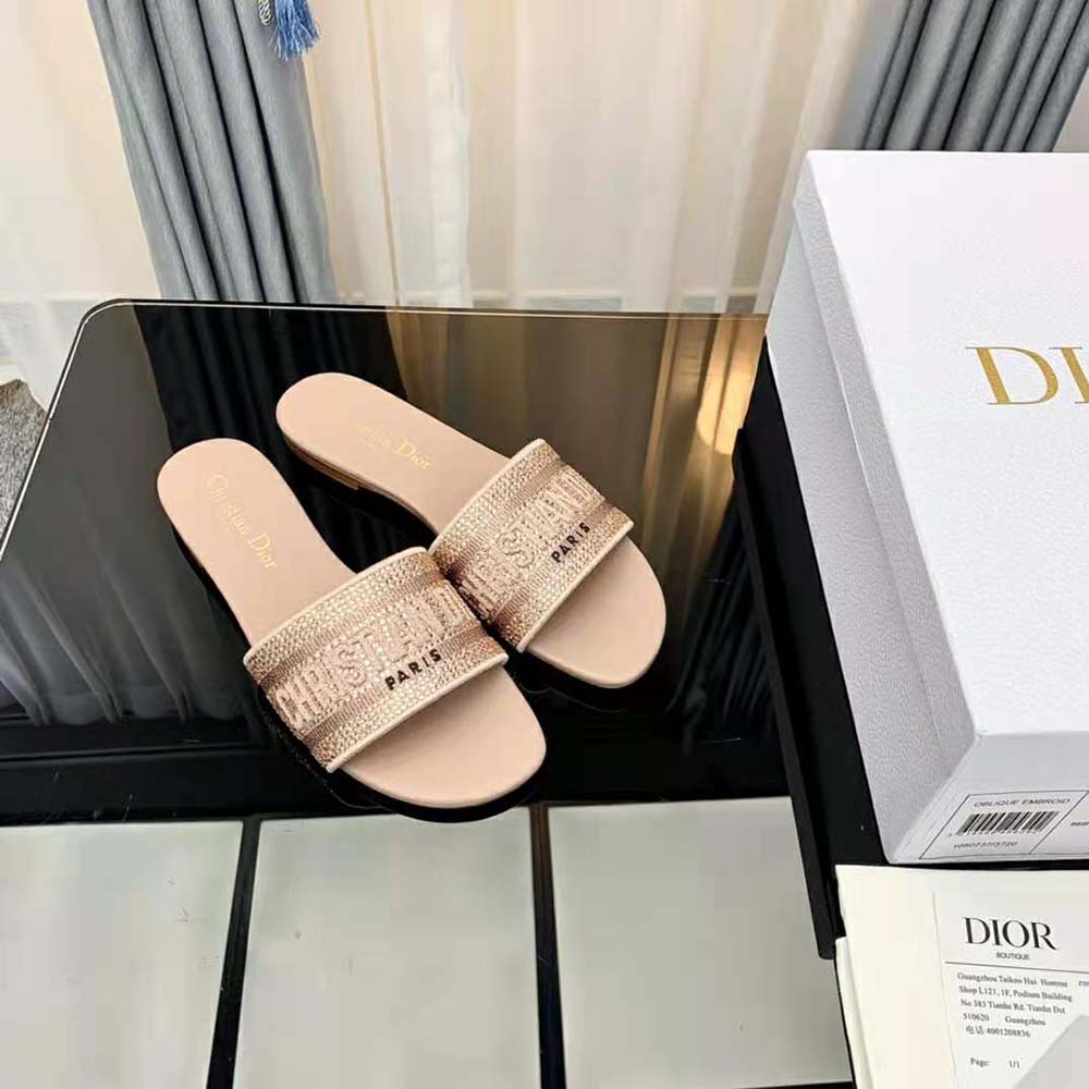 Dior Women Dway Slide Rose Des Vents Cotton Embroidered with Metallic Thread and Strass