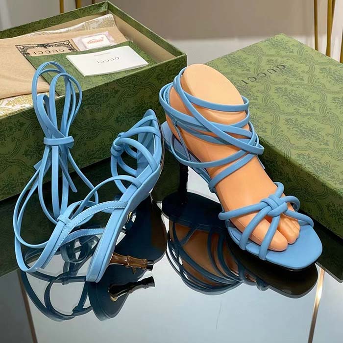 Gucci Women GG Strappy Sandal Bamboo Pastel Blue Leather Bamboo Low Heel