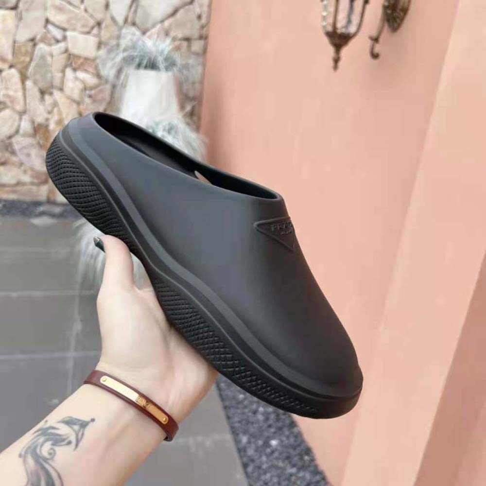 Prada Women Foam Rubber Mules With Embossed Rubber Triangle Logo-Black