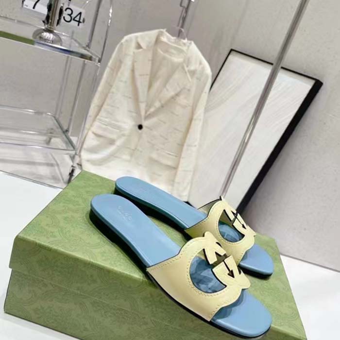 Gucci Unisex Interlocking G Cut-Out Slide Sandal Yellow Light Blue Suede Flat