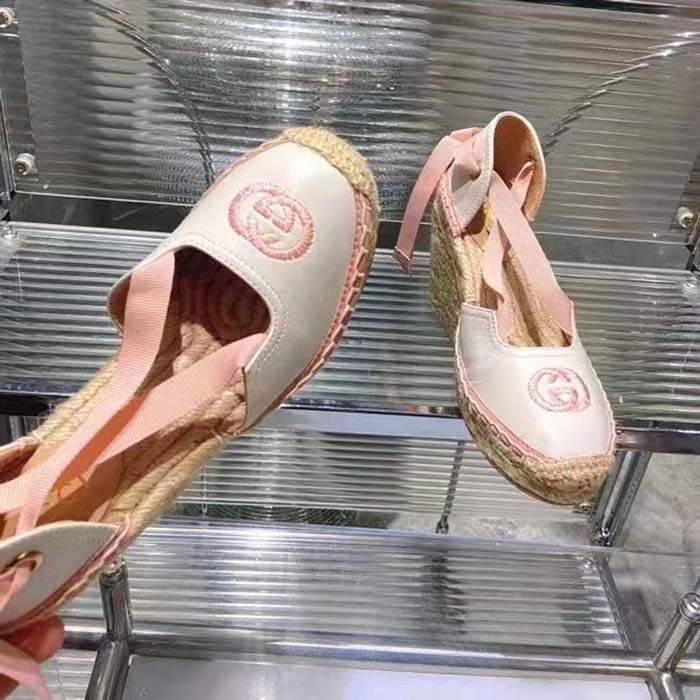 Gucci Women Espadrille Ribbon Tie Interlocking G Embroidery White Cotton Canvas Peep Toe
