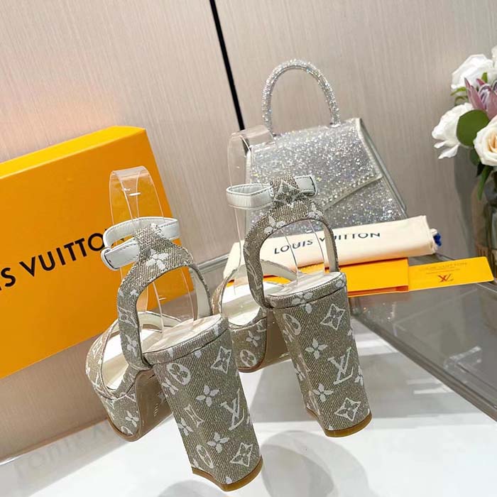 Louis Vuitton Women LV Fame Platform Sandal Beige Monogram Denim Leather 11.5 CM Heel