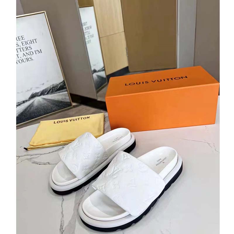 Louis Vuitton LV Unisex Pool Pillow Flat Comfort Mule White Monogram Embossed Lambskin