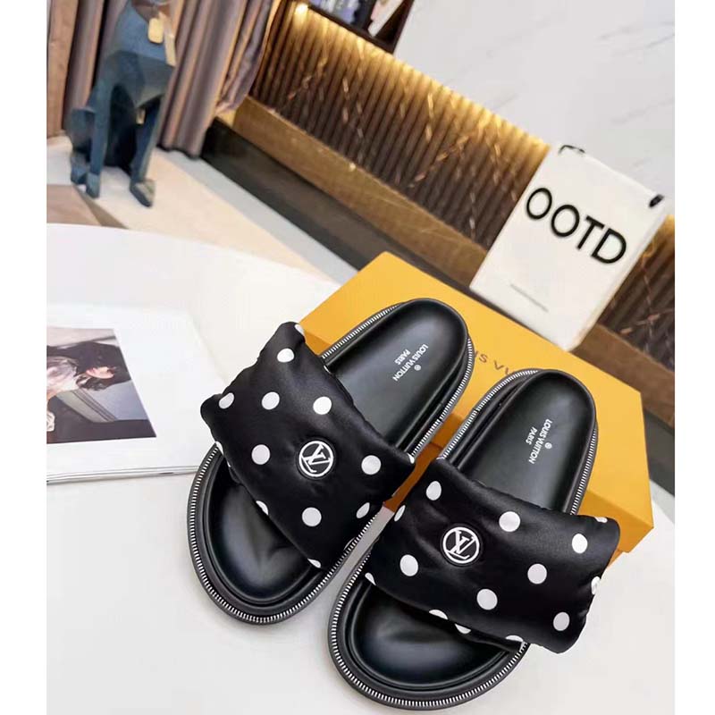 Louis Vuitton LV Unisex Pool Pillow Flat Comfort Mule Black White Satin Circle