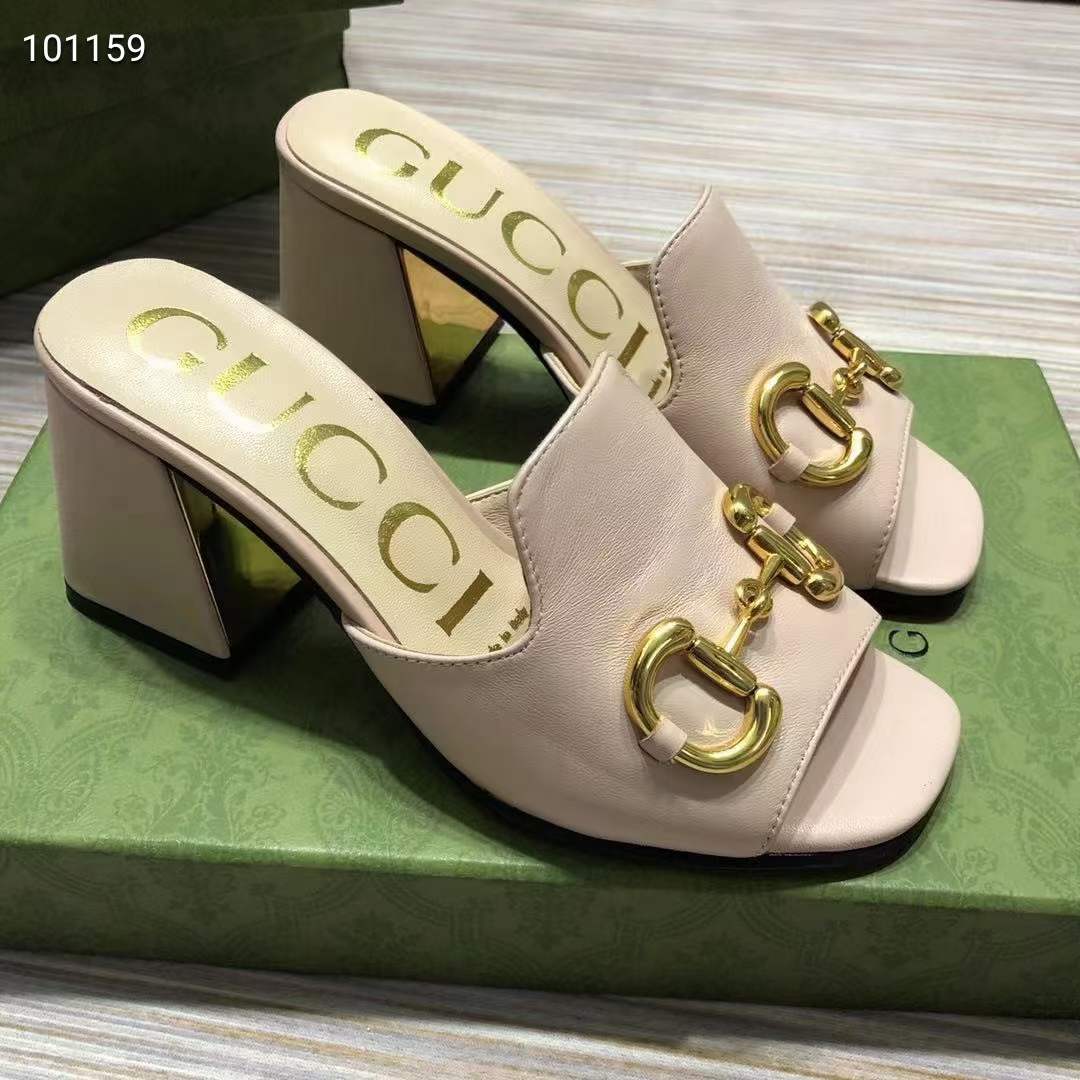 Gucci Women GG Slide Sandal Horsebit Pink Leather Mid 7.6 Cm Heel