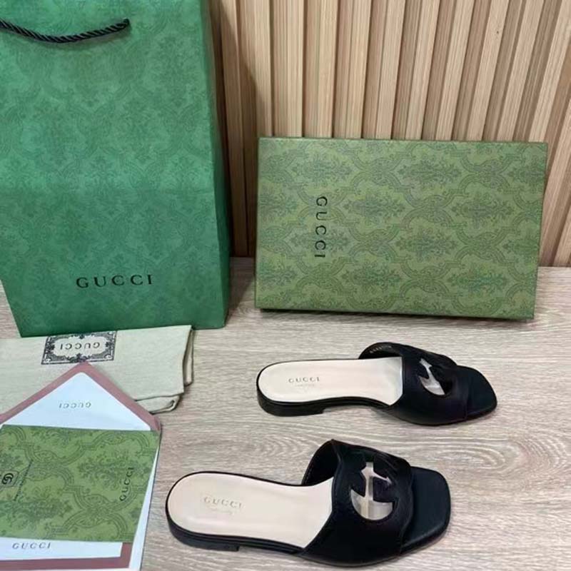Gucci Women Interlocking G Cut Out Slide Sandal Black Leather Flat