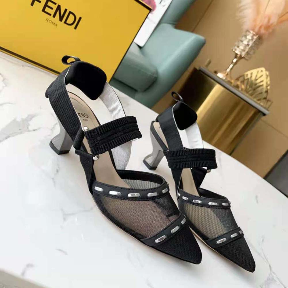 Fendi Women Colibri Black Mesh Medium-Heel Slingbacks with Metal Stitches
