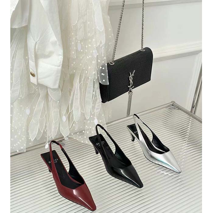 Gucci Women GG Slingback Pump Metallic Silver Leather Interlocking G Square Upper Mid-Heel