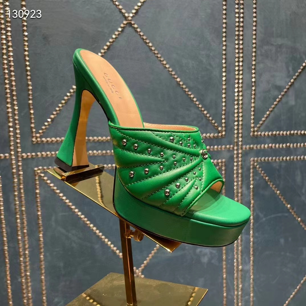 Gucci Women Heeled Slide Sandals Green Leather Studs Spool High 15 Cm Heel