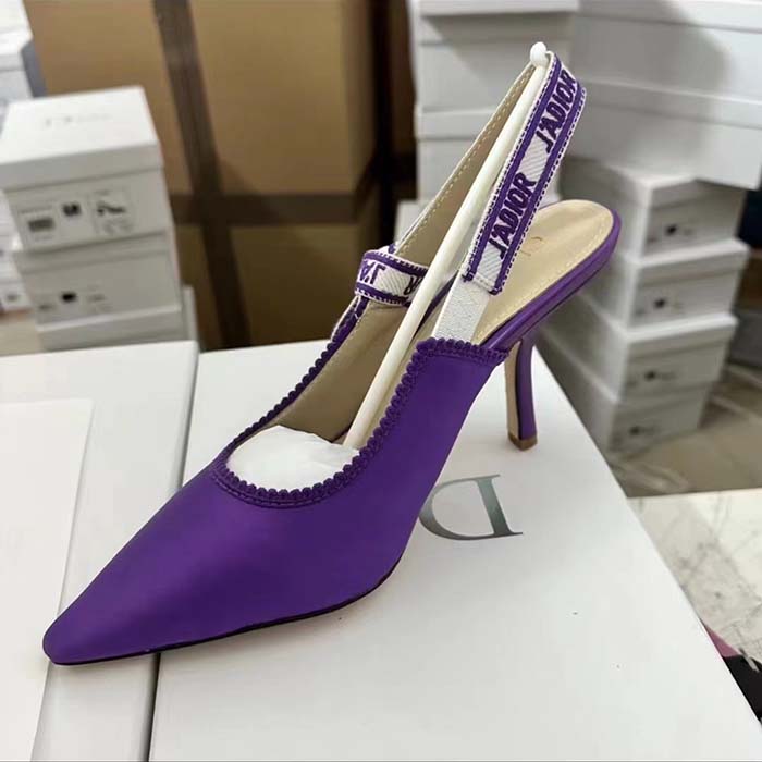 Dior Women CD J’Adior Slingback Pump Purple Embroidered Satin Cotton 10 CM Heel