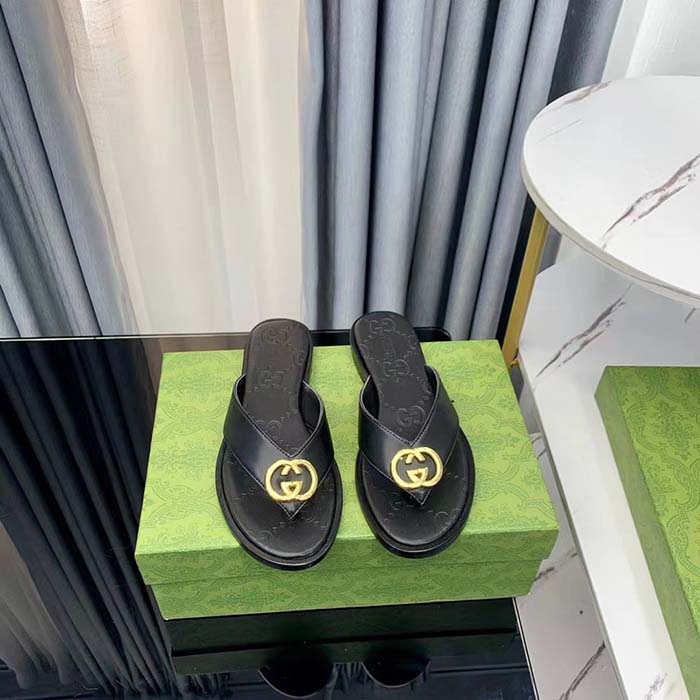 Gucci Unisex GG Interlocking G Thong Sandal Black Leather Flat