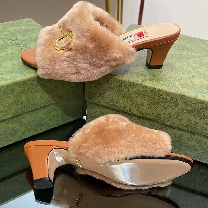 Gucci GG Women’s Mid-Heel Slide Sandal Brown Fabric Horsebit 5.6 Cm Heel