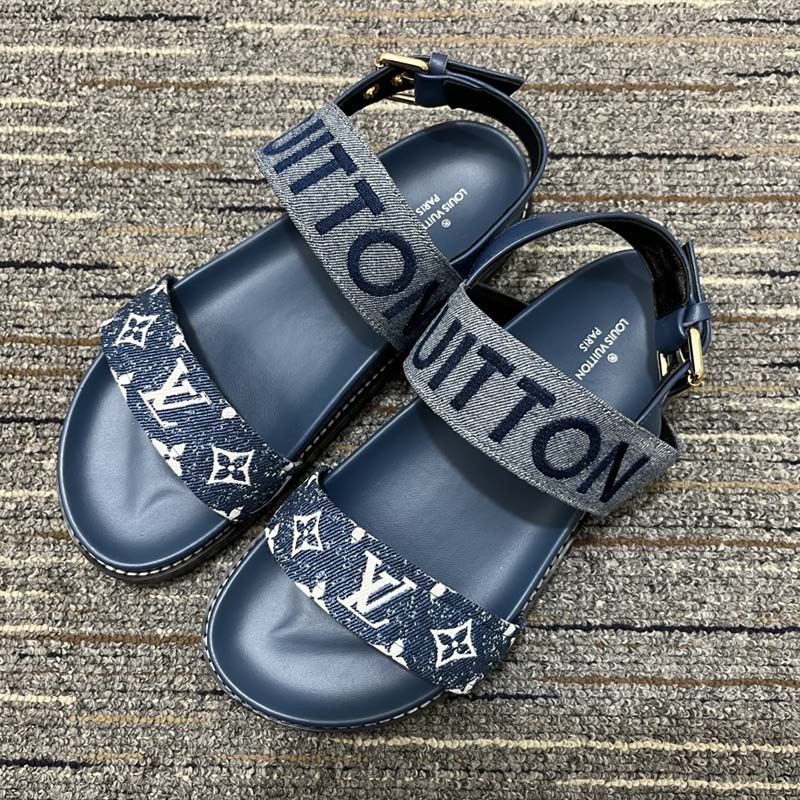 Louis Vuitton LV Women Paseo Flat Comfort Sandal Navy Blue Monogram Denim Calf
