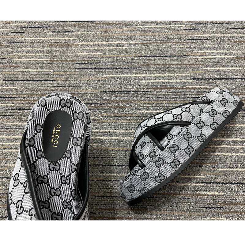 Gucci Women Platform Slide Sandal Beige Blue Original GG Canvas Rubber Sole Low Heel