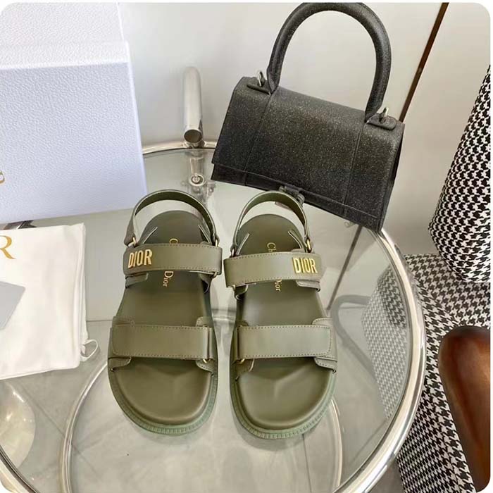 Dior Unisex Shoes DiorAct Sandal Khaki Lambskin Gold-Finish Metal DIOR Signature