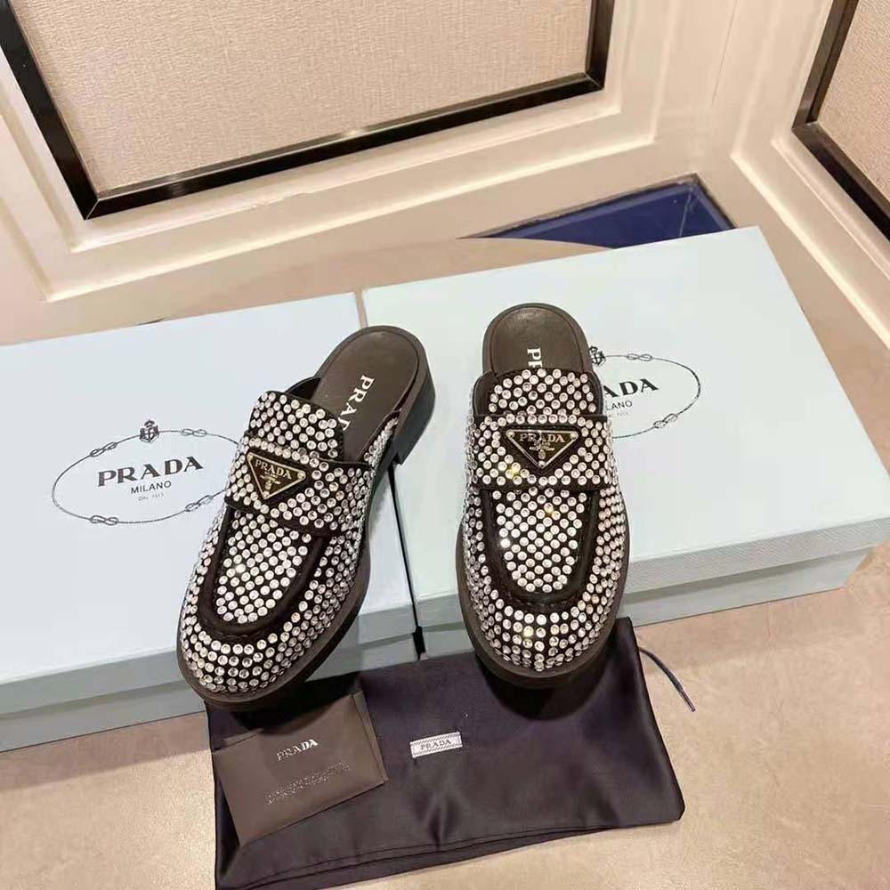 Prada Women Satin Mules with Crystals in 40mm Heel Height-Black