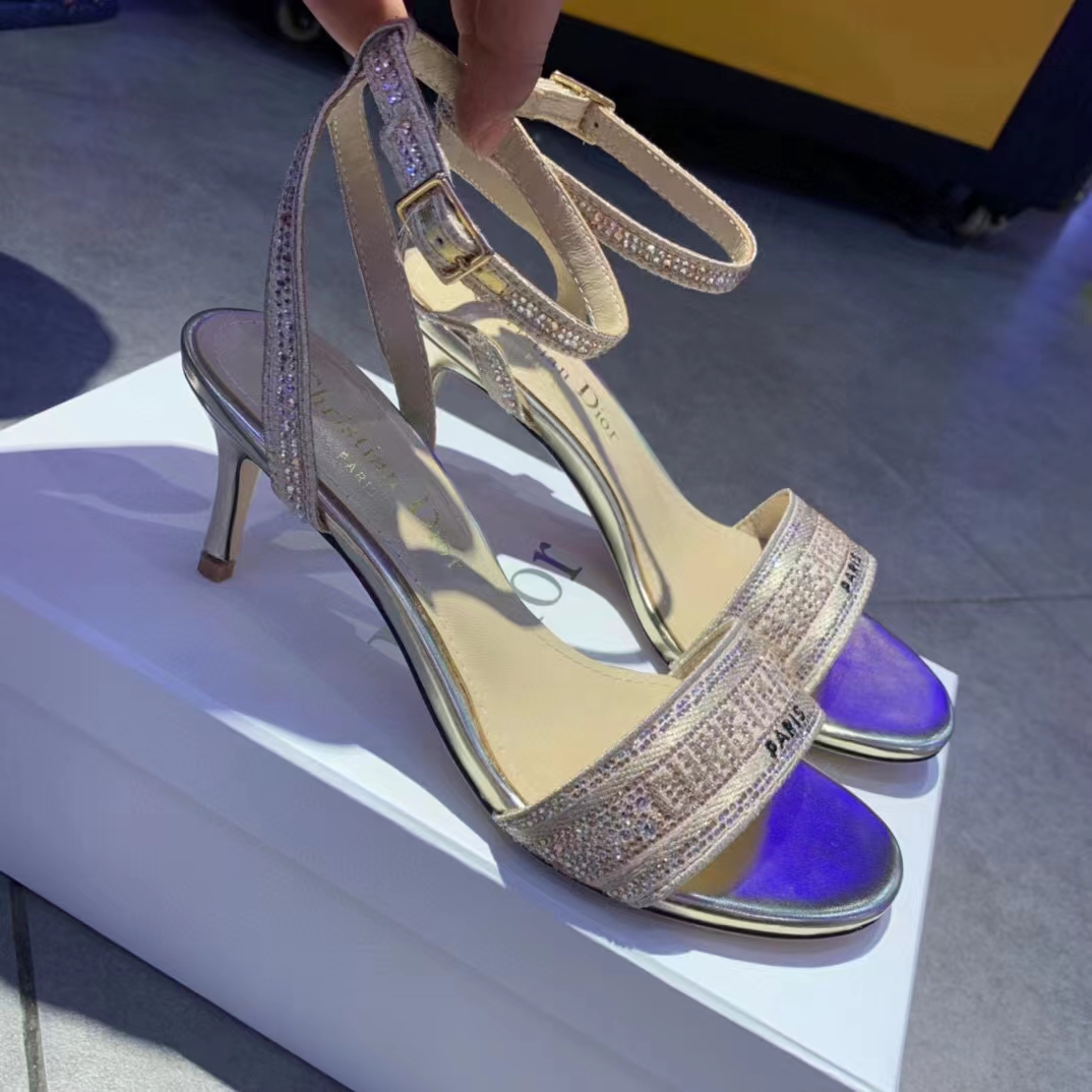 Dior Women Dway Heeled Sandal Rose Des Vents Cotton Embroidered Metallic Thread Strass