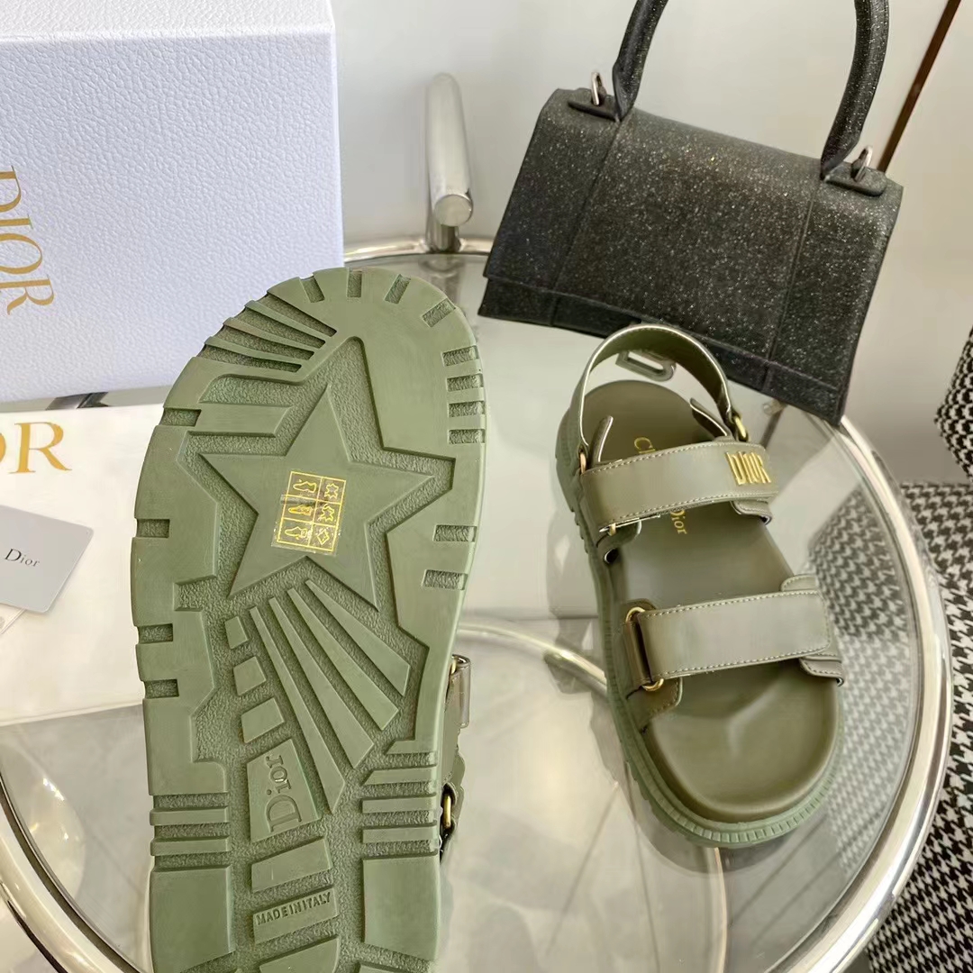 Dior Unisex Shoes DiorAct Sandal Khaki Lambskin Gold-Finish Metal DIOR Signature