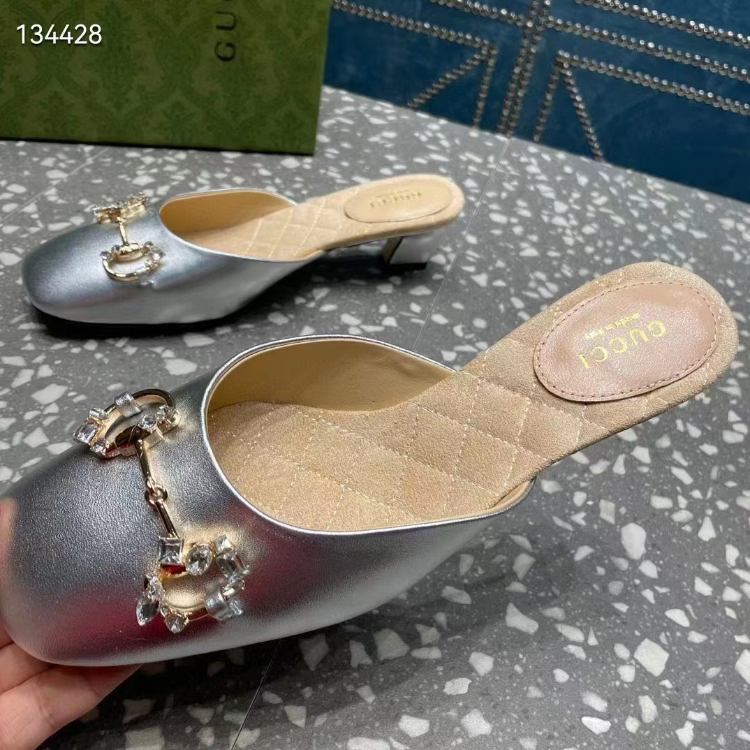 Gucci Women GG Horsebit Mule Silver Metallic Leather Crystals Leather Sole Low-Heel