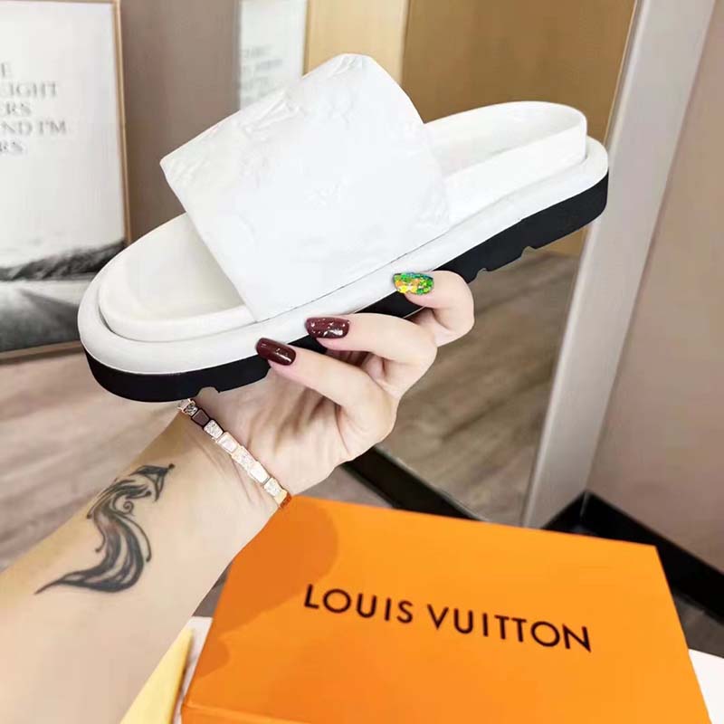 Louis Vuitton LV Unisex Pool Pillow Flat Comfort Mule White Monogram Embossed Lambskin