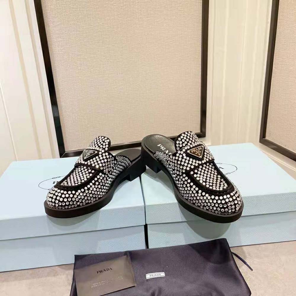 Prada Women Satin Mules with Crystals in 40mm Heel Height-Black