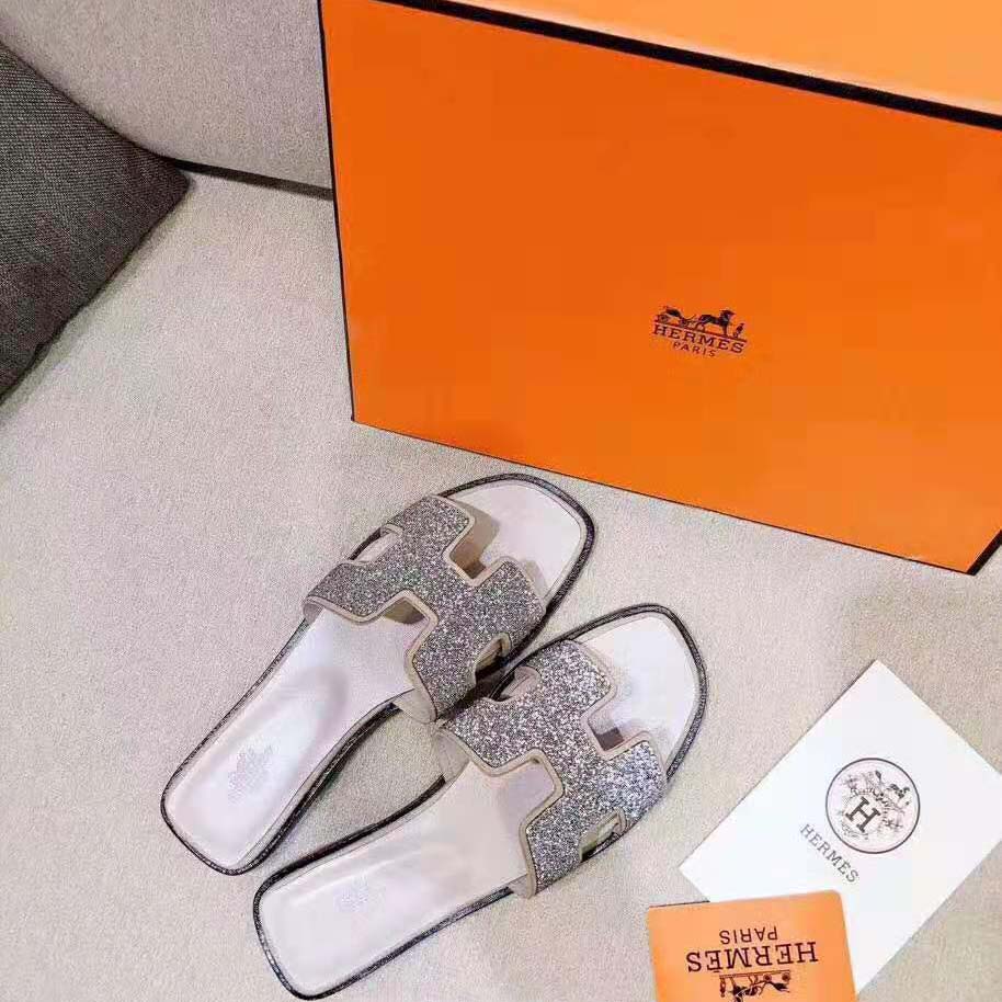 Hermes Women Oran Sandal Hermes Sandal Metallic Nappa Leather Cristal Powder