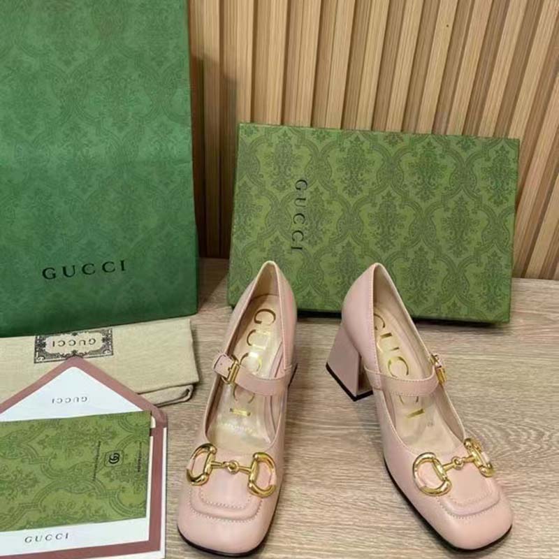 Gucci GG Women’s Mid-Heel Pump With Horsebit Light Pink Leather