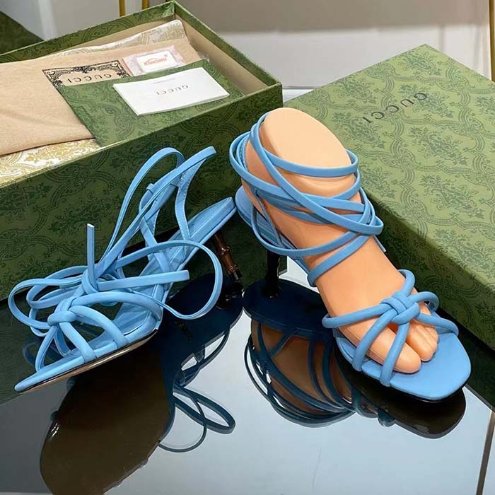 Gucci Women GG Strappy Sandal Bamboo Pastel Blue Leather Bamboo Low Heel