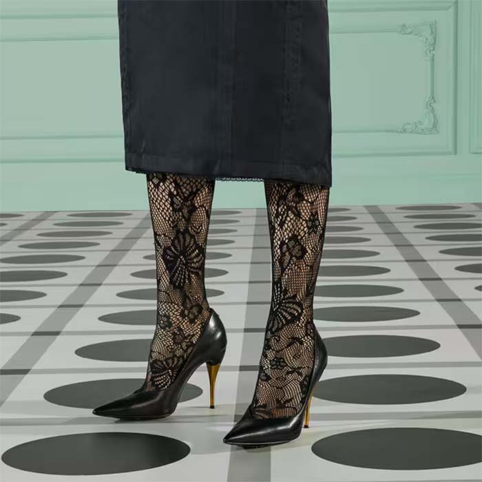 Gucci Women GG High Heel Pump Black Leather Pointed Toe 10 CM Heel