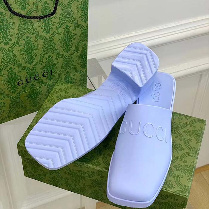 Gucci Women GG Slip-On Sandal Pastel Blue Rubber Embossed Logo Square Toe Chevron