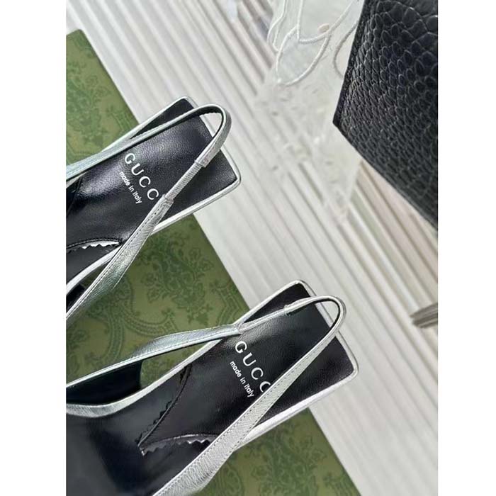 Gucci Women GG Slingback Pump Metallic Silver Leather Interlocking G Square Upper Mid-Heel