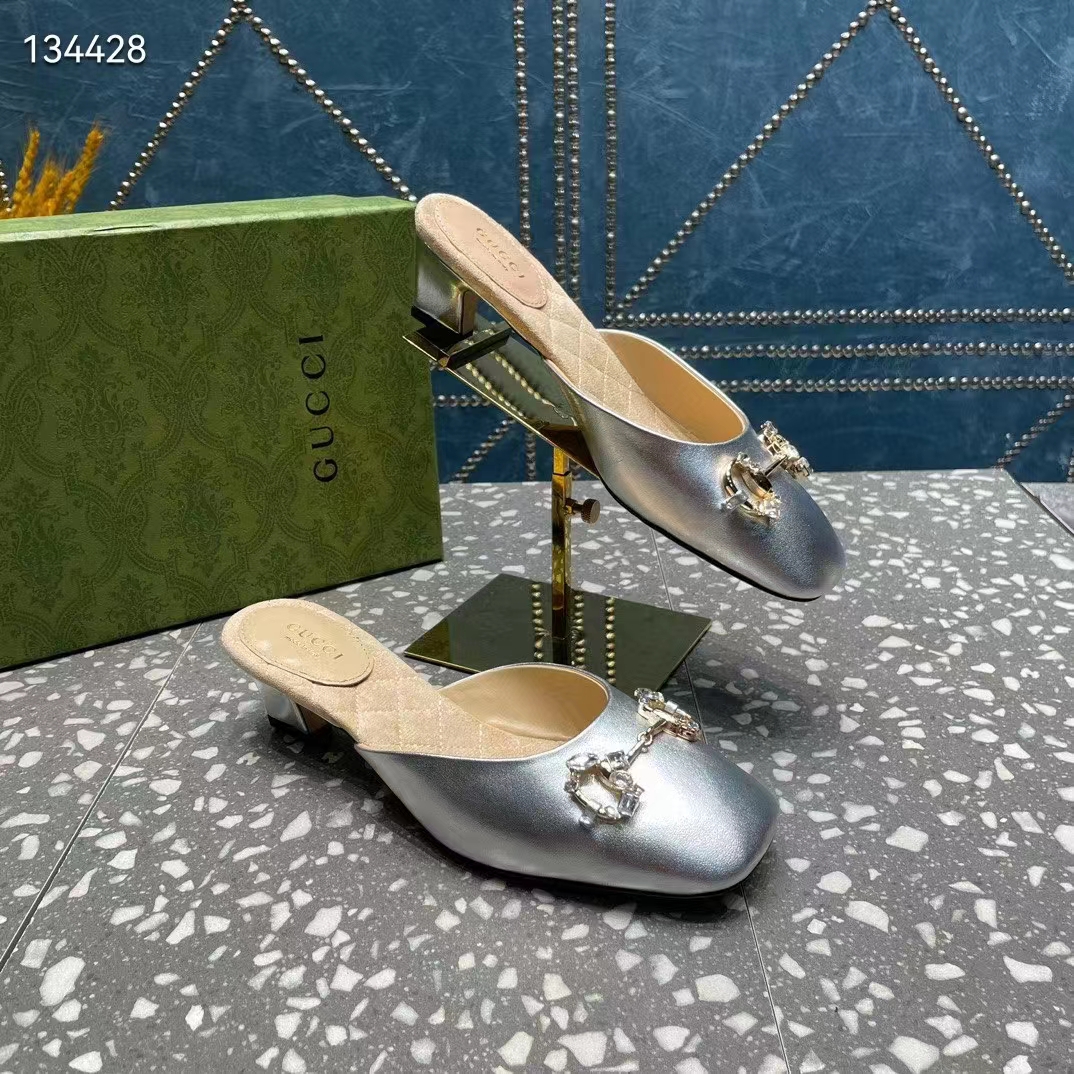 Gucci Women GG Horsebit Mule Silver Metallic Leather Crystals Leather Sole Low-Heel