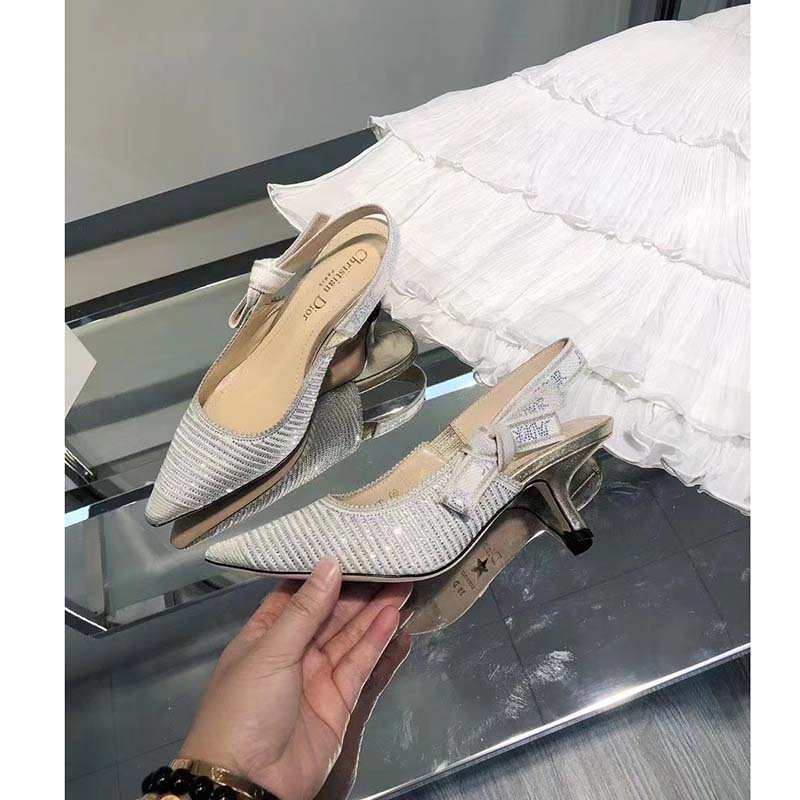 Dior Women CD J’Adior Slingback Pump White Cotton Embroidered Silver-Tone Strass