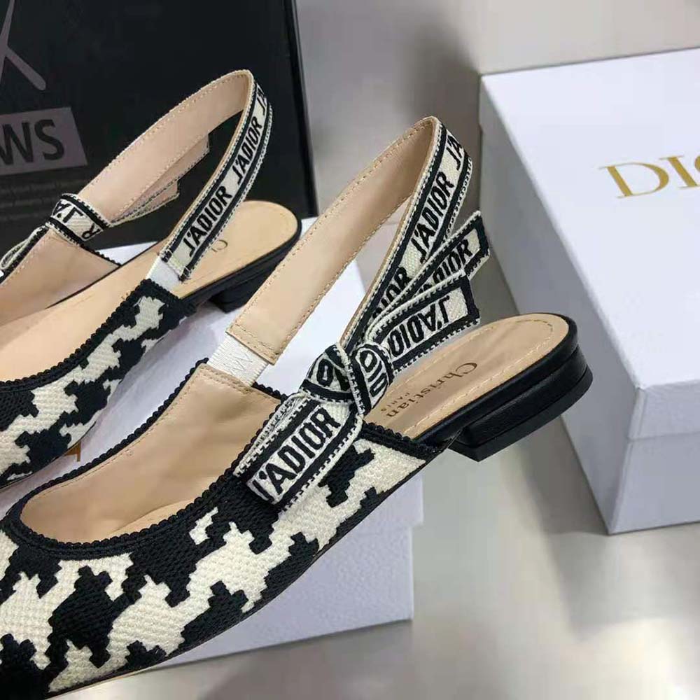 Dior Women J’Adior Slingback Ballerina Flat Black and White Cotton Embroidery