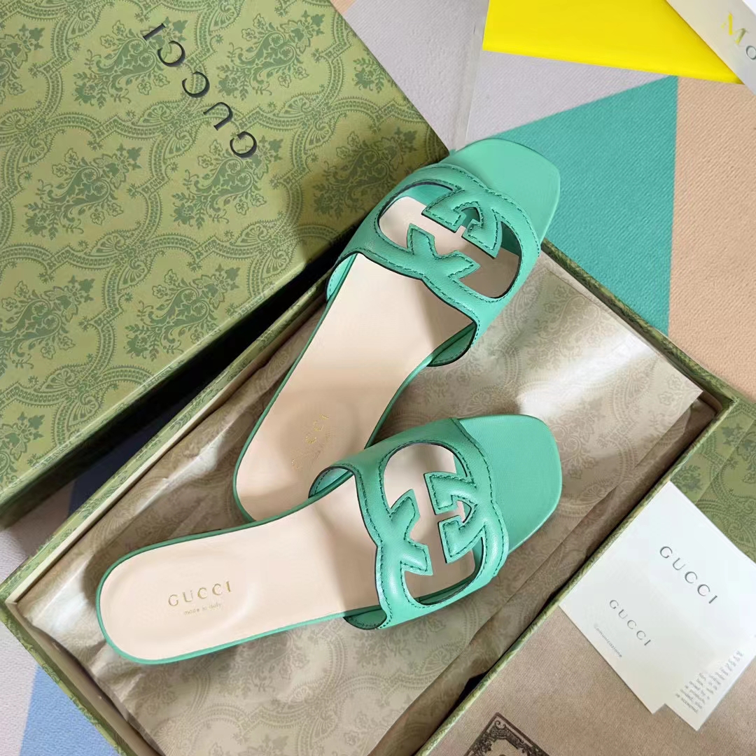 Gucci Women Interlocking G Cut Out Slide Sandal Bright Green Leather Flat